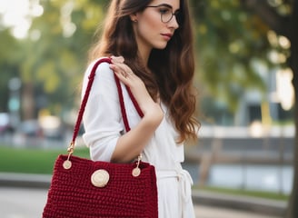 A hand with painted nails holds a small, dark red crocodile leather handbag with a gold decorative clasp. The background is plain and light-colored, accentuating the bag and hand.