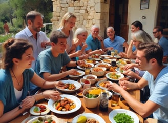 a group of people sitting at a table with plates of food