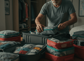 Traveler packing cube organizers into suitcases in preparation of upcoming trip