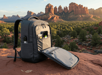 Tech Backpack with charging capabilities, showcasing versatility with scenic landscape background