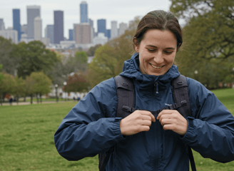Traveler smiles warmly while adjusting a layer of adaptable clothing outdoors, with a blurred