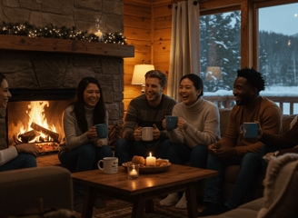 a group of people sitting around a table with drinks