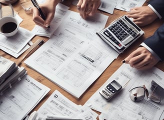 The scene includes a dimly lit workspace with a focus on tax-related documents, a pen, and a mug. The documents are prominently featured on the table, indicating a financial or tax preparation setting.