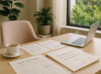 tidy stacks of paperwork titled ‘XO Tax Planning,’ aamic tea mug on a marble surface