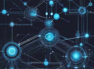 A futuristic and digital-themed image features a stylized circuit board with the words 'Open AI' in bold, glowing letters. Above it is a design that resembles an AI or robot face with neon accents. The background consists of a network of interconnected blue lines and nodes, suggesting themes of technology and connectivity.