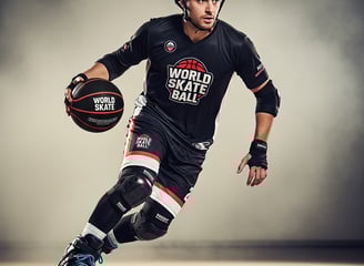 a man in a black shirt and knee pads on a skateboard