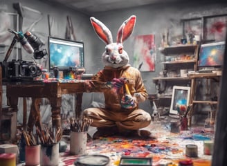 camera studio set up with rabbit man throwing paints and computers around