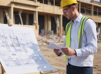 The image depicts a construction site with workers building a small structure made of concrete blocks. There are wooden scaffolding and support beams in place, and the site is surrounded by palm trees, conveying a tropical setting. Construction materials such as blue tarpaulin and concrete blocks are scattered around the area.