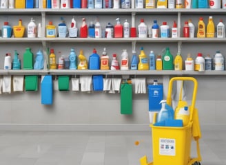 A minimalist arrangement of eco-friendly cleaning products including various bottles, containers, and packaging. The items are neatly placed on a soft beige fabric backdrop, emphasizing a sustainable and natural aesthetic.