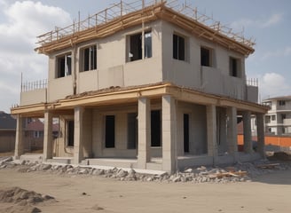The image depicts a construction site with workers building a small structure made of concrete blocks. There are wooden scaffolding and support beams in place, and the site is surrounded by palm trees, conveying a tropical setting. Construction materials such as blue tarpaulin and concrete blocks are scattered around the area.