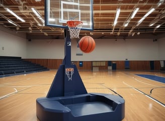 A basketball hoop stands in the foreground on an outdoor court with a multicolored surface. Behind the court is a large residential building with a grid of windows and balconies, some of which have laundry hanging on them. Palm trees are visible on either side of the hoop, adding to the urban environment.