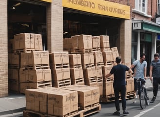 A stack of empty glass bottles organized neatly in black crates bearing the Pepsi logo and Arabic script. The crates are arranged in several rows and columns against a tiled building facade.