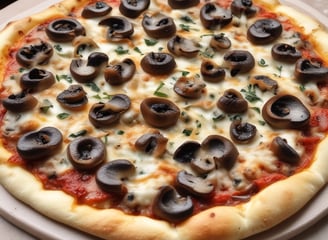 A thin-crust pizza topped with various ingredients including sausage, peppers, and cheese is placed on a wooden board. The setting is a dimly lit cafe, featuring hanging lightbulbs and an arrangement of photographs clipped to a string on the wall. A reflective French press and a dark bottle are situated next to the pizza.