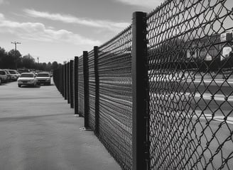 A wooden fence composed of two sections with contrasting colors, one side is light wood while the other is dark. The sections are joined by a rusted metal post capped with a spherical finial. In the background, a white corrugated metal wall is visible, adding a structured, industrial feel.