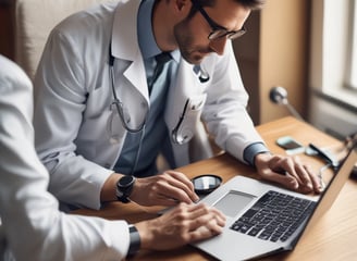 Hands typing on a laptop with a stethoscope resting on the wooden table beside it. The setting suggests a work environment that combines technology with healthcare.