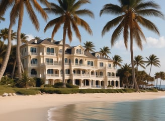 A luxurious beachfront property with a large, elegant building set behind a pristine sandy beach. Palm trees and small thatched structures provide shade along the shoreline. The sea in the foreground is calm and blue, contrasting with the light-colored architecture of the estate.