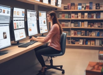 A person with short hair is sitting on an office chair, wearing a headset and a yellow shirt, while facing a computer screen. The desk is organized with two laptops, a keyboard, several potted plants, a desk lamp, and some electronics. The room has natural lighting coming from a window with wooden slats.