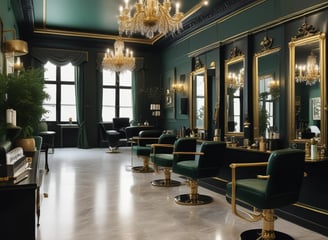 A modern and stylish beauty salon interior featuring wooden accents and a sleek design. The salon has a spacious layout with multiple salon chairs and mirrors under warm pendant lighting. Plants are used as decorative elements, adding a fresh and inviting atmosphere. The reception area has a wooden backdrop with the salon's name displayed, and there's a mix of contemporary furniture and decor.