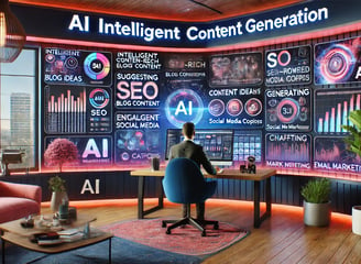 A creative AI workspace where intelligent content generation takes place. An AI assistant collaborat