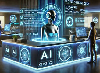 A futuristic business front desk where an AI-powered chatbot interacts seamlessly with customers. A 