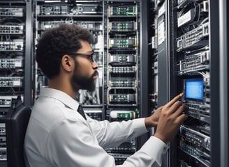 A digital rendering depicting a tall, metallic server rack positioned centrally on a platform. The server appears to have multiple blue-lit slots. Surrounding the rack, there are several stacks of cylindrical objects resembling databases or storage units, all set against a dark background.