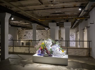 Ikebana performance-installation incorporates in Red-White-Blue colour, symbolising migration