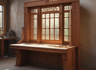 A person wearing traditional clothing is working meticulously on what appears to be an intricately designed wooden furniture piece or artifact. The background shows a large quantity of stacked wooden planks, indicating a workshop or carpentry setting.