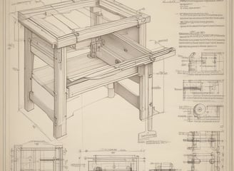 A workshop scene featuring a mannequin of a carpenter working on the wooden frame of a structure. The setting includes various wooden components, tools, and ladders around the workspace. The environment has a rustic and industrial feel with exposed brick walls and a large metal duct overhead.