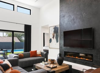 Modern Roman clay fireplace with a smooth, textured finish, creating a warm and sophisticated focal 