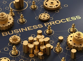 a business process with gears and gears on a blue background
