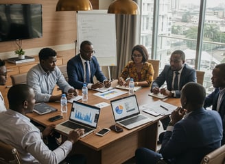 a group of people sitting around a table with laptops