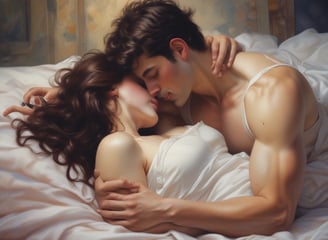a man and woman in bed with a white sheet