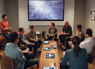 a group of people sitting around a table with a projector