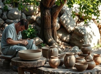 Pottery artist shaping wild clay on a wooden wheel, 