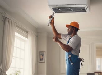 Two workers interact with a large piece of industrial machinery, possibly for maintenance or repair. The ground is rough and composed of gravel or rocks, and various tools and containers are scattered nearby. The machine dominates the upper part of the image, appearing heavy and complex with a metallic construction.