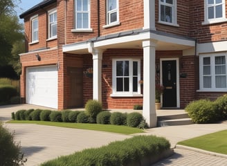 A view of the upper floors of a light-colored building with multiple windows and ornate architectural details. A red and white 'For Sale' sign with contact information is visible on the building's facade. The building is surrounded by greenery, and there are overhead utility lines. The sky above is partly cloudy with patches of blue.