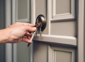 A close-up view of a modern electronic door lock with a circular design, featuring a green illuminated button. The lock is installed on a wooden surface, and the background is softly blurred.