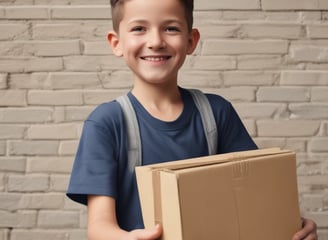 A person wearing a black cap and a black polo shirt with a courier service logo holds a large cardboard box. The background is a plain light gray, and the person appears to be smiling slightly.