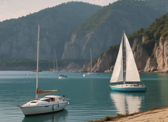 A large sailboat with prominent sails navigates an open body of water under a cloudy sky. Other smaller sailboats are visible in the distance, and a red and white striped lighthouse stands near the shore lined with greenery.