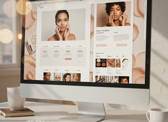 a computer monitor screen displaying a photo of a woman's face on a cosmetic website