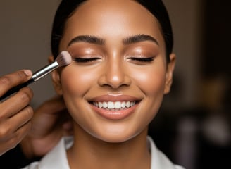 a woman with a makeup brush applying cosmetics on a client