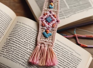 A wooden table displays several colorful knitted items along with crochet squares and a ball of yarn. A crochet hook is placed among the items. The background features a textured, multi-colored cushion and a red upholstered chair.