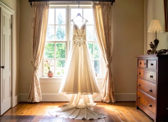 A brides wedding dress back lit from hanging from the curtain pole in front of a window