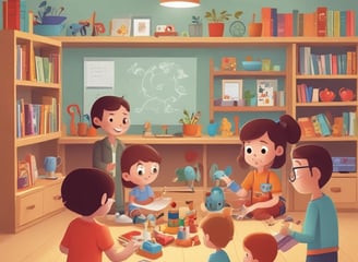 A classroom setting with children sitting at desks and an adult woman standing and interacting with them. The classroom has posters and decorations on the walls, including an alphabet and numbers chart, and a chalkboard with instructions. The woman is holding some items in her hands and seems to be engaging with the children, who are looking at her attentively.