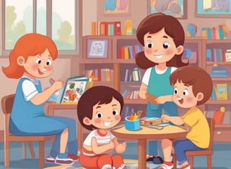 A bright, organized classroom with educational materials on the walls. There are colorful alphabet and number charts, a variety of shelves holding different toys, a small table with red chairs, an easel, and a vibrant blue rug featuring sports balls. The room has a welcoming and educational atmosphere.