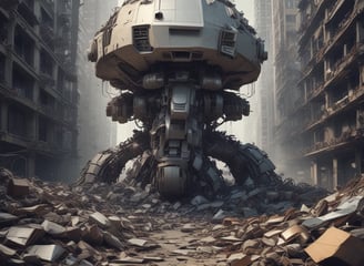 An industrial area by the waterfront features a large pile of rubble and debris. A truck is positioned at the edge of a structure, unloading more materials onto the heap. In the background, smokestacks and tall buildings rise into a gray, overcast sky, suggesting an urban environment.