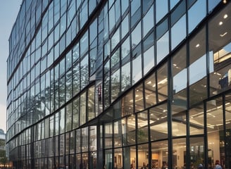 A modern building with multiple windows and a logo that includes the letters 'BCI' and a leaf motif. The structure is light-colored and set against a clear blue sky.