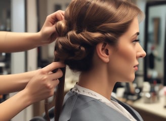 A person with tightly coiled, shiny hair is being styled. The hair has a springy texture, and a hand is visible holding scissors, suggesting a haircut or styling in progress. The setting appears to be indoors, possibly a salon.