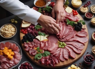 A charcuterie board held by a person, featuring various types of cheese, meats, a radish slice, green beans, carrots, and slices of grilled bread. The board has a rustic, natural wood finish, and the person is wearing a denim shirt.