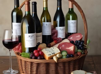 A charcuterie board adorned with a variety of foods, including slices of cheese, cured meats, crackers, strawberries, blueberries, cucumber slices, nuts, a small bowl of creamy dip, and sprigs of rosemary for garnish.